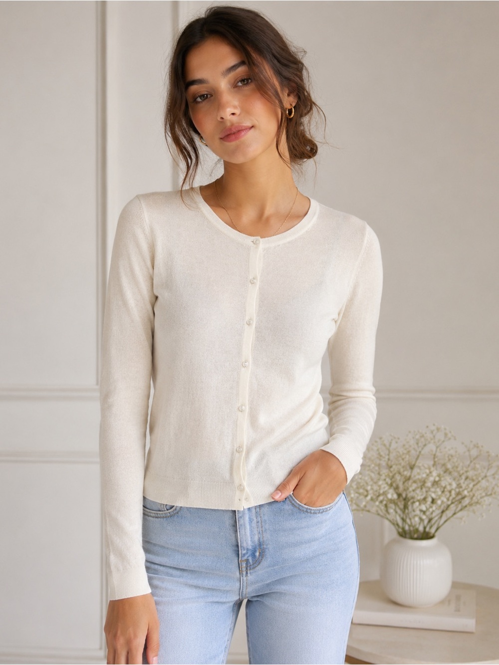 Chic by Jacob Cream Button-Down Cardigan Size XS Neutral Minimalist Lightweight